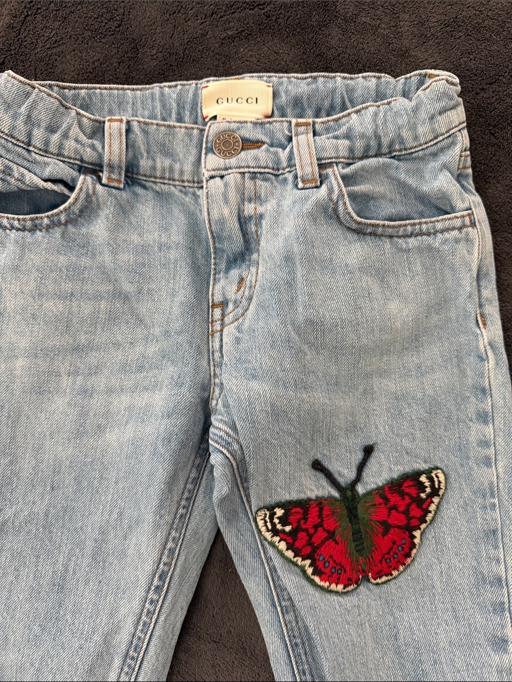 Gucci Light Blue Denim Jeans with Red Butterfly Patch